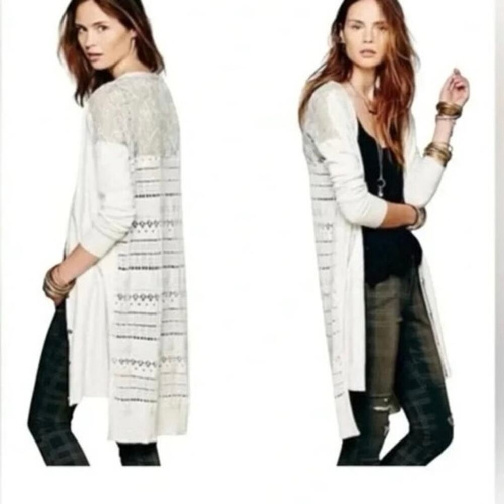 Free People Quincy Yarn Back to You Longline Cardigan Ivory Heather Grey Sz M